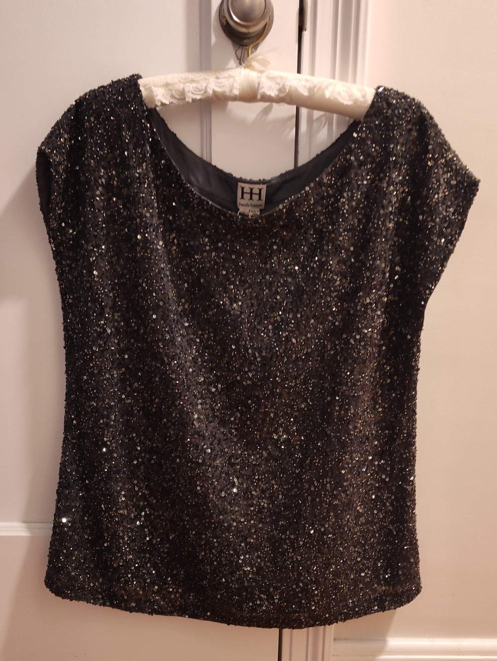 Haute Hippie Pewter/Charcoal Sequin Cap Sleeve Tunic.